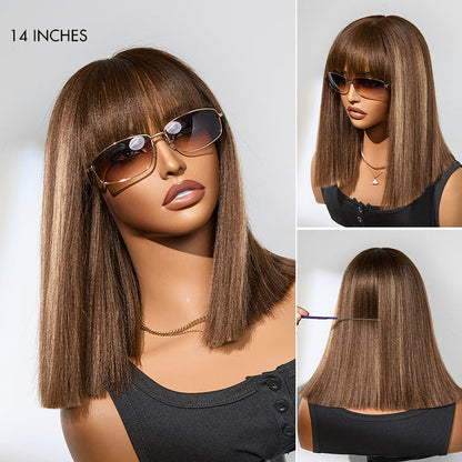 Tiktok Exclusive Deal | Put On and Go Realistic Glueless Yaki Straight Bob with Bangs Minimalist Lace Wig 100% Human Hair