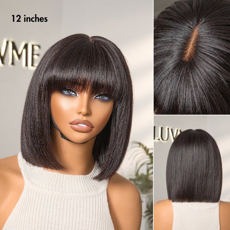 Tiktok Exclusive Deal | Put On and Go Realistic Glueless Yaki Straight Bob with Bangs Minimalist Lace Wig 100% Human Hair