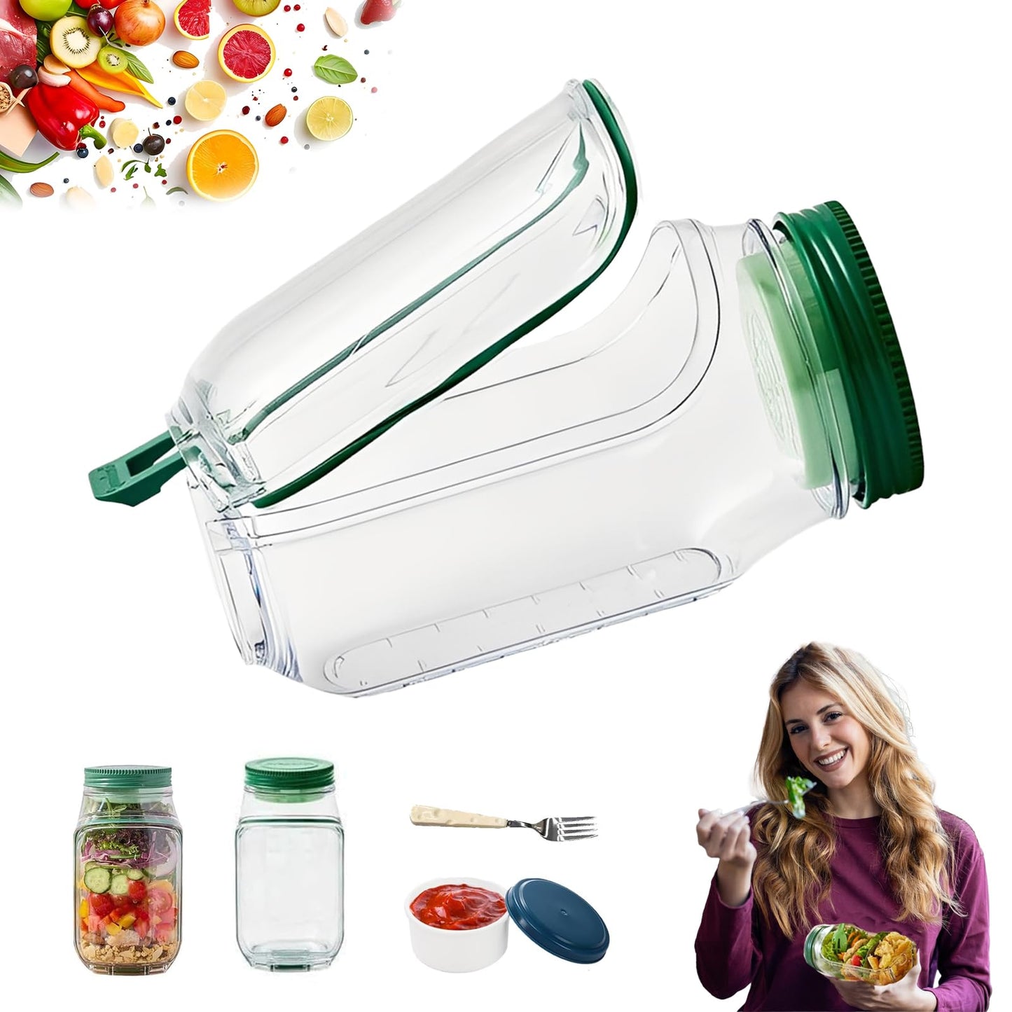 🔥Salad Pod – Leakproof Mason Jar Style Salad Container with Side Hatch Bowl Design