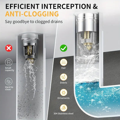 ⚡️Limited Time Offer: 💥HZA™ Universal Pop-Up Sink Drain Filter – Stainless Steel Anti-Clog Design
